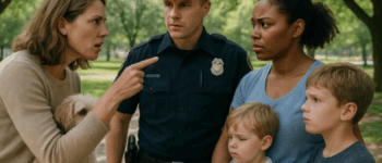 An elderly woman ran up to a police officer and, pointing at a dark-skinned woman, claimed that she was kidnapping children
